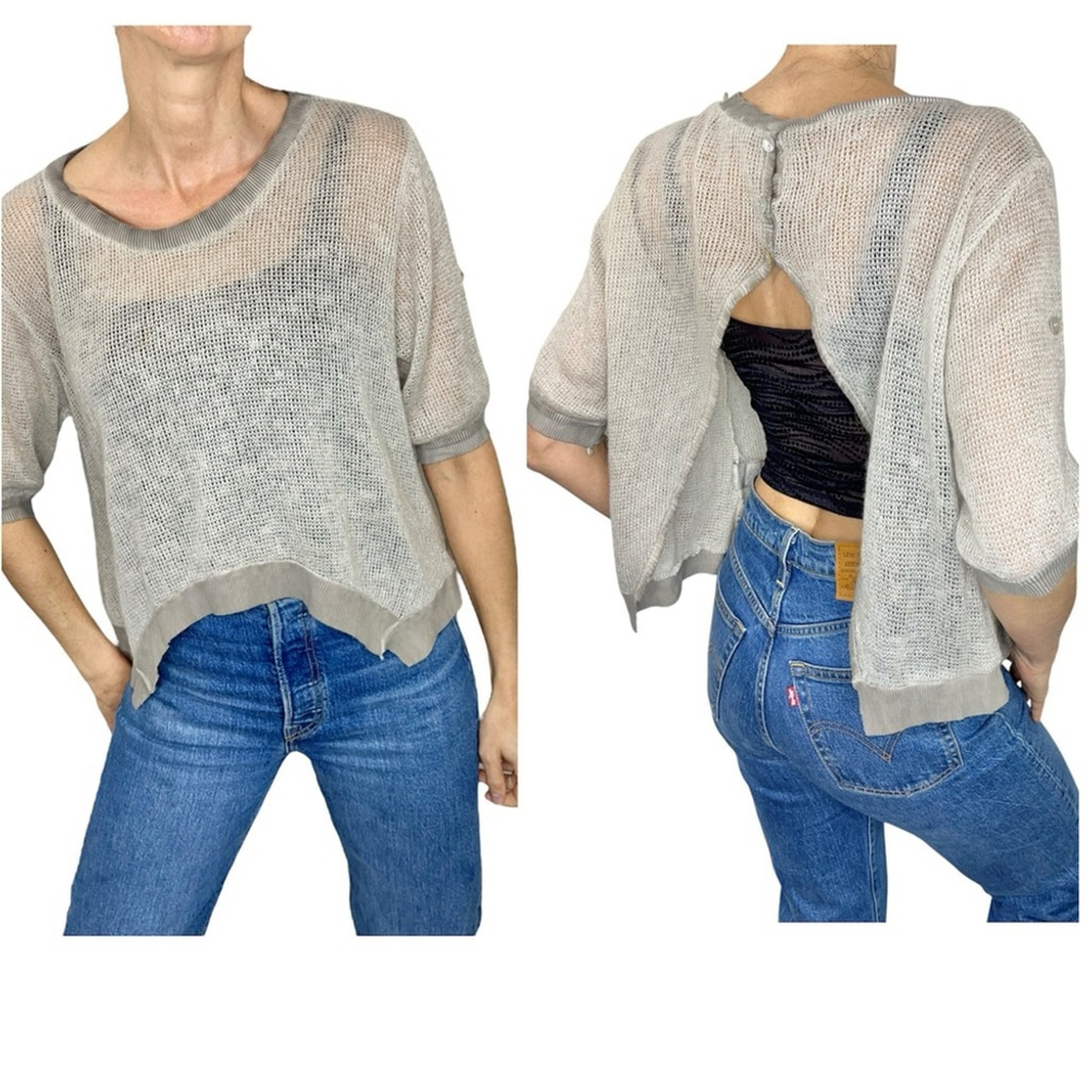 Made in Italy beige taupe open knit split back short sleeve oversized sweater S